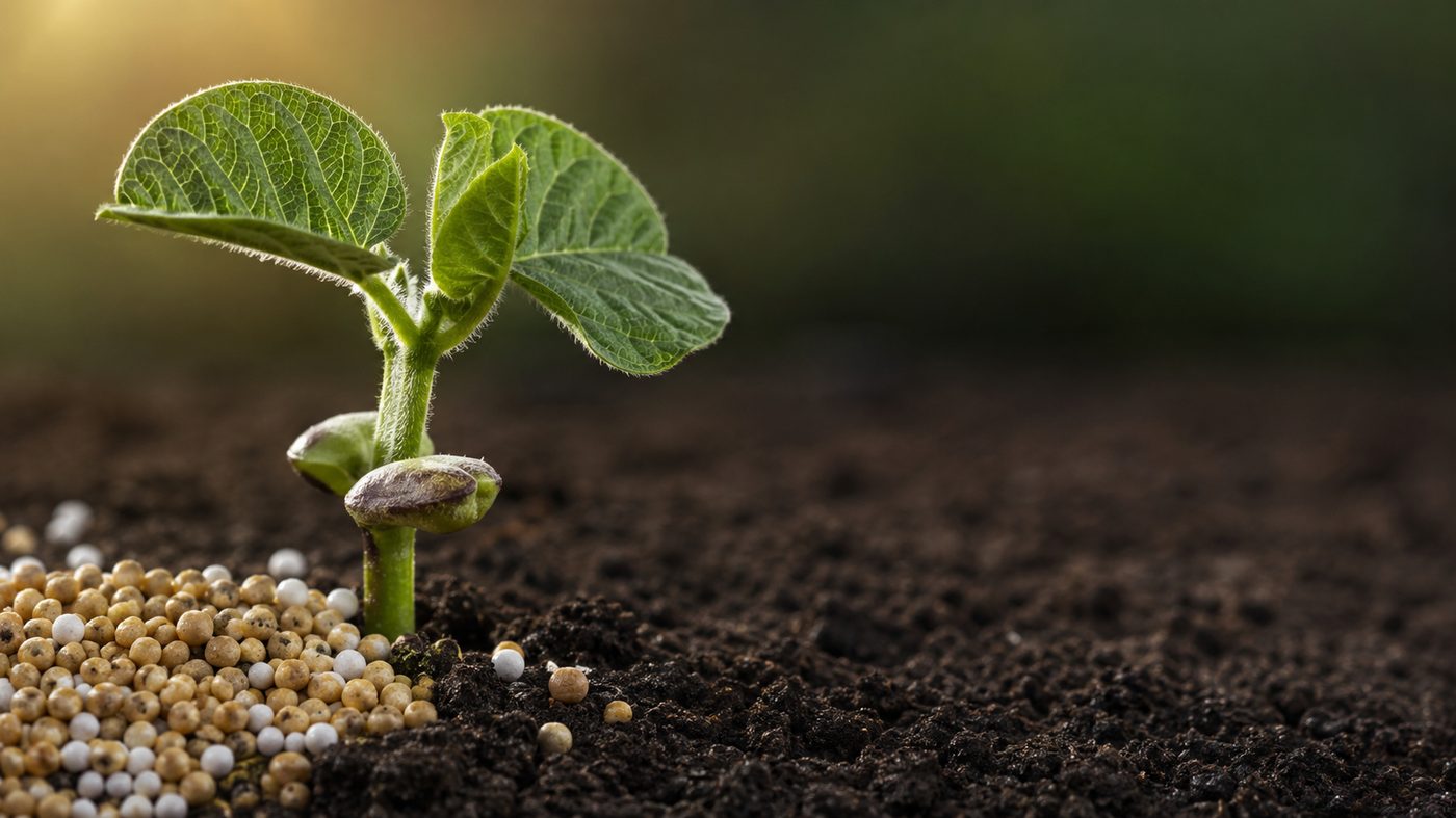 Muda brotando ao lado de grânulos de fertilizante no solo